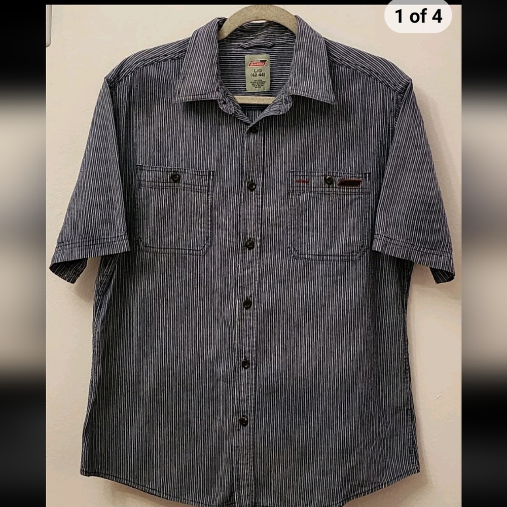 Dickies Shirt Mens L Blue Stripe 100% Cotton Short Sleeve Button Up Work Shirt